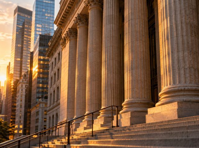 An early-morning view of the New York financial district ahead of major US bank quarterly earnings announcements