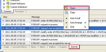 Image of Window for Journal with Time & Message Option and selected row to open 