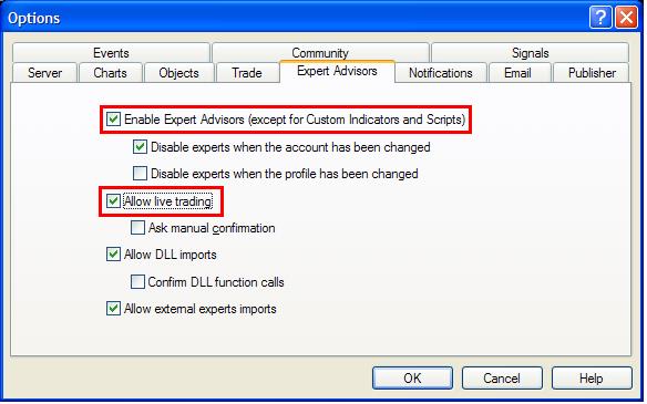 Options Window with Many Options and  highlighted expert Advisor,enable expert Advisor,enable live trading option