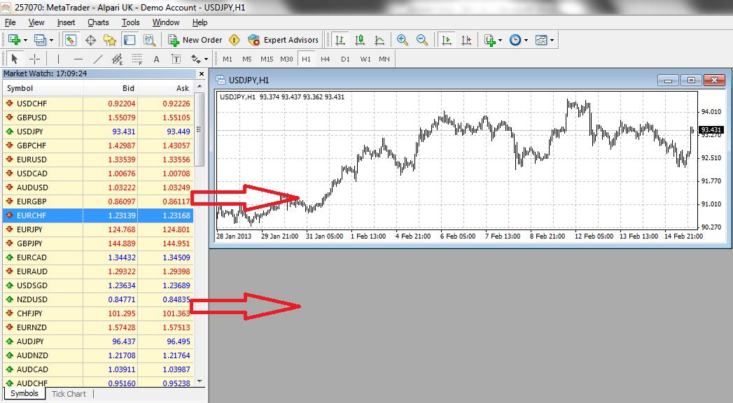Window of  Metatrader Alpari UK Demo Account Window with some values, graph and gray space